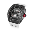 The TSAR BOMBA elemental TB8210CF automatic tourbillon tonneau-shaped watch features a carbon fiber bezel and a stainless steel case, powered by a Seiko Epson automatic movement. The tonneau-shaped case is paired with a skeletonized dial and a power reserve indicator.--Left three-quarter view