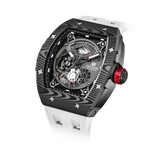 The TSAR BOMBA elemental TB8210CF automatic tourbillon tonneau-shaped watch features a carbon fiber bezel and a stainless steel case, powered by a Seiko Epson automatic movement. The tonneau-shaped case is paired with a skeletonized dial and a power reserve indicator.--Left three-quarter view