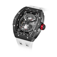 The TSAR BOMBA elemental TB8210CF automatic tourbillon tonneau-shaped watch features a carbon fiber bezel and a stainless steel case, powered by a Seiko Epson automatic movement. The tonneau-shaped case is paired with a skeletonized dial and a power reserve indicator.--Left three-quarter view