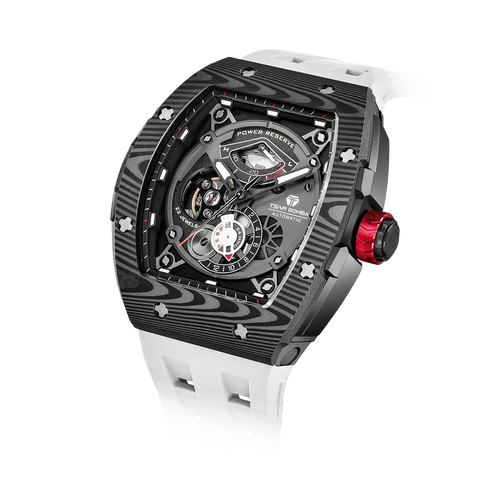 The TSAR BOMBA elemental TB8210CF automatic tourbillon tonneau-shaped watch features a carbon fiber bezel and a stainless steel case, powered by a Seiko Epson automatic movement. The tonneau-shaped case is paired with a skeletonized dial and a power reserve indicator.--Left three-quarter view