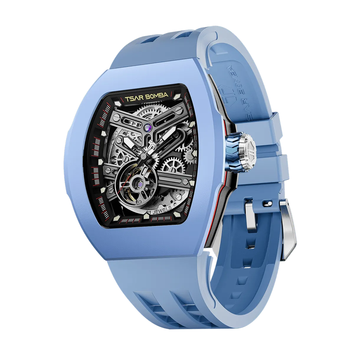 TSAR BOMBA Atomic TB8218F,stainless steel case and-Fluororubber-bezel , fluororubber strap.japan miyota automatic movement.skeleton dail design.- Blue