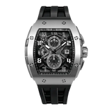 The TSAR BOMBA Elemental TB8211Q Stainless Steel Tonneau Chronograph Watch. Features a stainless steel case and a Seiko quartz movement. The multi-layered skeleton dial combines date display and chronograph functions. A 1/20th-second chronograph subdial is located at 12 o'clock, the date display at 3 o'clock, the hour/minute chronograph subdial at 6 o'clock, and the chronograph seconds subdial at 9 o'clock.-- front view