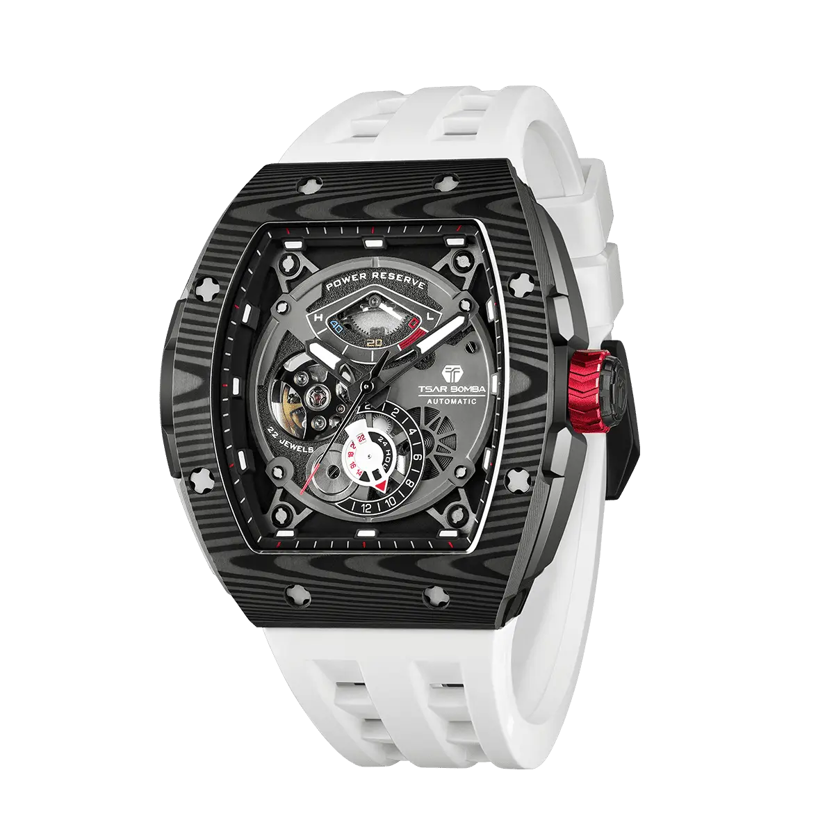 The TSAR BOMBA elemental TB8210CF automatic tourbillon tonneau-shaped watch features a carbon fiber bezel and a stainless steel case, powered by a Seiko Epson automatic movement. The tonneau-shaped case is paired with a skeletonized dial and a power reserve indicator.-Left three-quarter view