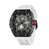 The TSAR BOMBA elemental TB8210CF automatic tourbillon tonneau-shaped watch features a carbon fiber bezel and a stainless steel case, powered by a Seiko Epson automatic movement. The tonneau-shaped case is paired with a skeletonized dial and a power reserve indicator.-Left three-quarter view