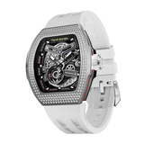TSAR BOMBA Atomic automatic-skeleton-tonneau-men-watch-TB8218D- zirconia diamond bezel and white strap, Left three-quarter-view; Features a zirconia diamon bezel and an interchangeable fluoro-rubber strap. It utilizes TSAR BOMBA’s patented technology, allowing for the tool-free, rapid swapping of the strap, bezel, and crown. Since your watch can change its style, why buy another one?