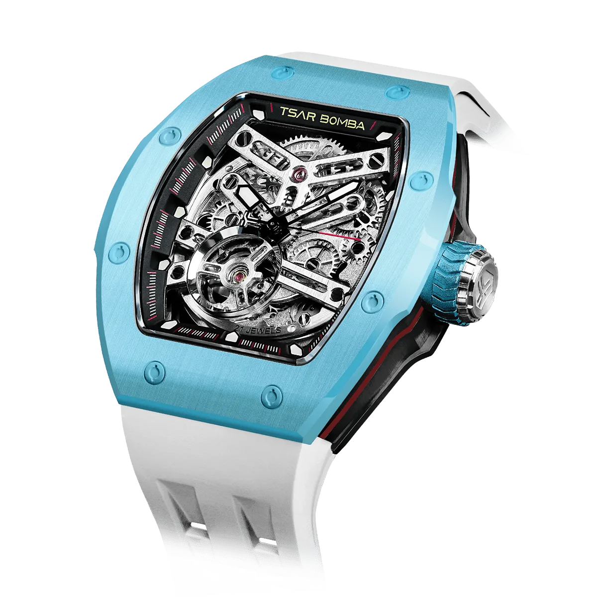 TSAR BOMBA Atomic TB8218C automatic skeleton tonneau men watch; ceramic bezel and stainless steel case and fluororubber strap; Features a ceramic bezel and an interchangeable fluoro-rubber strap. Utilizes TSAR BOMBA’s patented technology for interchangeable straps, bezels, and crowns. Quickly swap modules without tools—since your watch can change its style, why buy another one? Left three-quarter angle view-- Light Blue