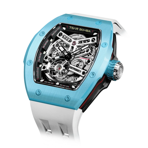 TSAR BOMBA Atomic TB8218C automatic skeleton tonneau men watch; ceramic bezel and stainless steel case and fluororubber strap; Features a ceramic bezel and an interchangeable fluoro-rubber strap. Utilizes TSAR BOMBA’s patented technology for interchangeable straps, bezels, and crowns. Quickly swap modules without tools—since your watch can change its style, why buy another one? Left three-quarter angle view-- Light Blue