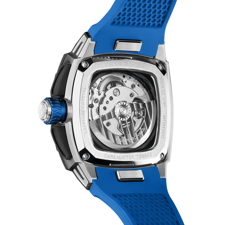 Powered by a Seiko Epson movement, A power reserve indicator is positioned at 12 o'clock; the stable movement delivers a power reserve of 50 hours (±10%). A 24-hour display dial is located at 6 o'clock, while a visible tourbillon is featured at 9 o'clock. The Dark Matter 2 features Grade A luminescent coating, scratch-resistant sapphire crystal, and a interchangeable fluororubber strap. Water-resistant to 100 meters (10 ATM).--Rear view