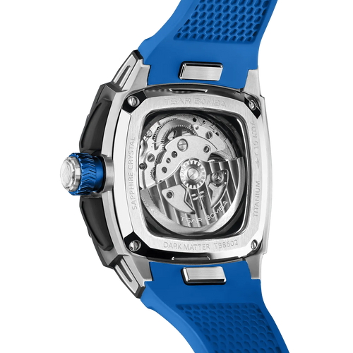 Powered by a Seiko Epson movement, A power reserve indicator is positioned at 12 o'clock; the stable movement delivers a power reserve of 50 hours (±10%). A 24-hour display dial is located at 6 o'clock, while a visible tourbillon is featured at 9 o'clock. The Dark Matter 2 features Grade A luminescent coating, scratch-resistant sapphire crystal, and a interchangeable fluororubber strap. Water-resistant to 100 meters (10 ATM).--Rear view
