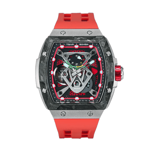 The TB8216 is a Tsarbomba watch featuring a carbon fiber bezel, a titanium case, and a red fluororubber strap, with interchangeable bezel, strap, and crown.limited edition watches--front view