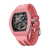 TSAR BOMBA Atomic automatic-skeleton-tonneau-men-watch-TB8218F- fluororubber bezel and pink strap, Left three-quarter-view; Features a dynamic fluororubber bezel and an interchangeable fluoro-rubber strap. It utilizes TSAR BOMBA’s patented technology, allowing for the tool-free, rapid swapping of the strap, bezel, and crown. Since your watch can change its style, why buy another one?
