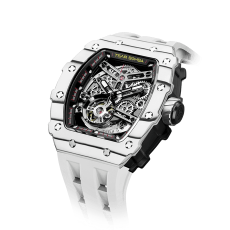 Tsarbomba Watches TB8218CF; carbon fiber bezel, 316L stainless steel case, and white strap; Miyota automatic movement; skeletonized dial and open-heart movement design showcasing the mechanical power of the watch