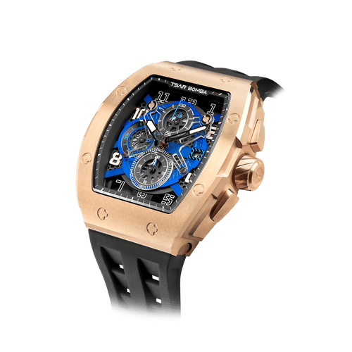 TSAR BOMBA Elemental TB8211Q Stainless Steel Chronograph tonneau men Watch. Features a gold stainless steel case and a precision quartz movement. The multi-layered skeleton dial integrates date display and chronograph functions. The central main seconds hand also functions as the chronograph seconds hand, while the hour markers are cleverly integrated into the small wheels. The date display is located at 3 o'clock.balck strap