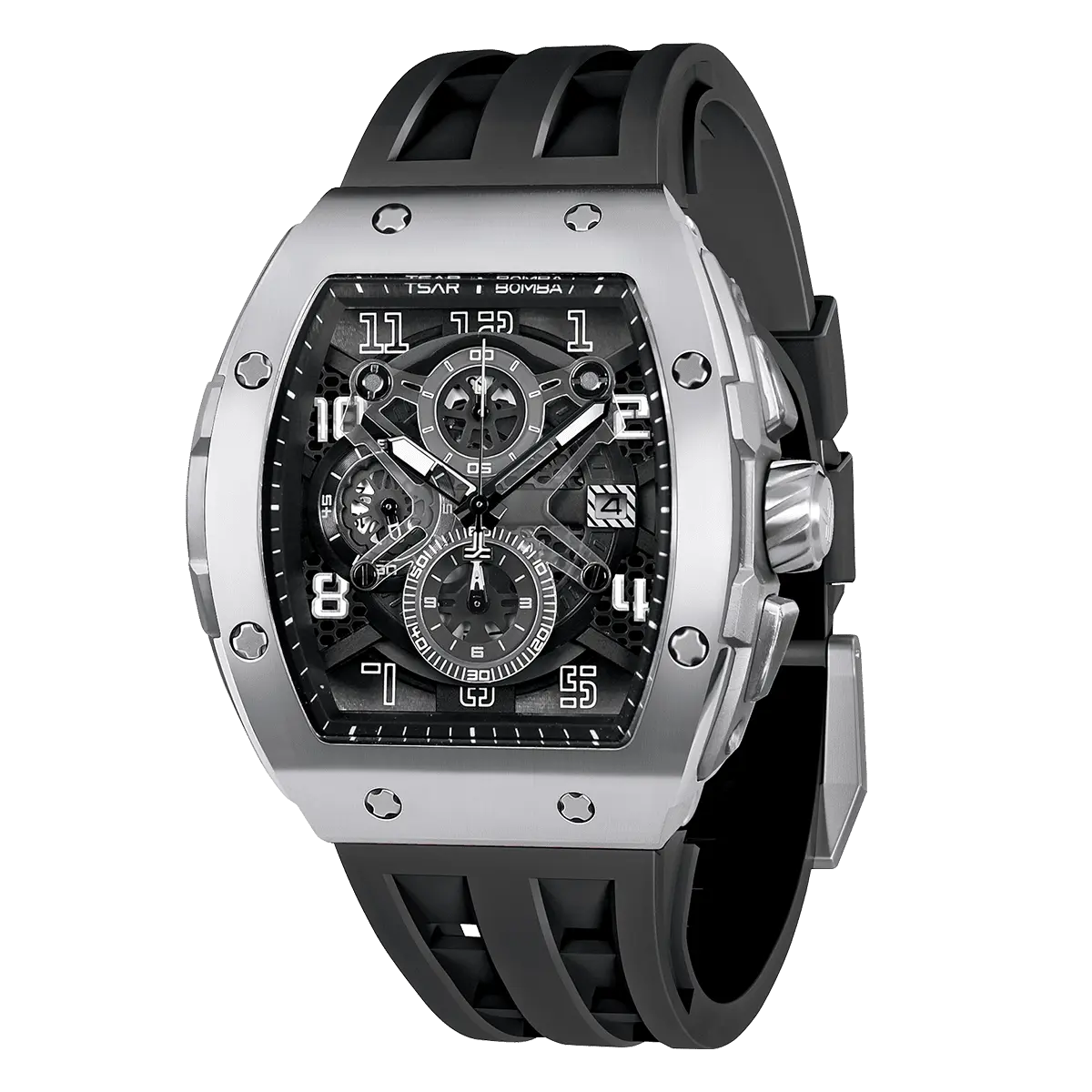 The TSAR BOMBA Elemental TB8211Q Stainless Steel Tonneau Chronograph Watch. Features a stainless steel case and a Seiko quartz movement. The multi-layered skeleton dial combines date display and chronograph functions. A 1/20th-second chronograph subdial is located at 12 o'clock, the date display at 3 o'clock, the hour/minute chronograph subdial at 6 o'clock, and the chronograph seconds subdial at 9 o'clock.--
