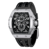 The TSAR BOMBA Elemental TB8211Q Stainless Steel Tonneau Chronograph Watch. Features a stainless steel case and a Seiko quartz movement. The multi-layered skeleton dial combines date display and chronograph functions. A 1/20th-second chronograph subdial is located at 12 o'clock, the date display at 3 o'clock, the hour/minute chronograph subdial at 6 o'clock, and the chronograph seconds subdial at 9 o'clock.--