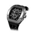 The TSAR BOMBA Elemental TB8211Q Stainless Steel Tonneau Chronograph Watch. Features a stainless steel case and a Seiko quartz movement. The multi-layered skeleton dial combines date display and chronograph functions. A 1/20th-second chronograph subdial is located at 12 o'clock, the date display at 3 o'clock, the hour/minute chronograph subdial at 6 o'clock, and the chronograph seconds subdial at 9 o'clock.-- Left three-quarter view