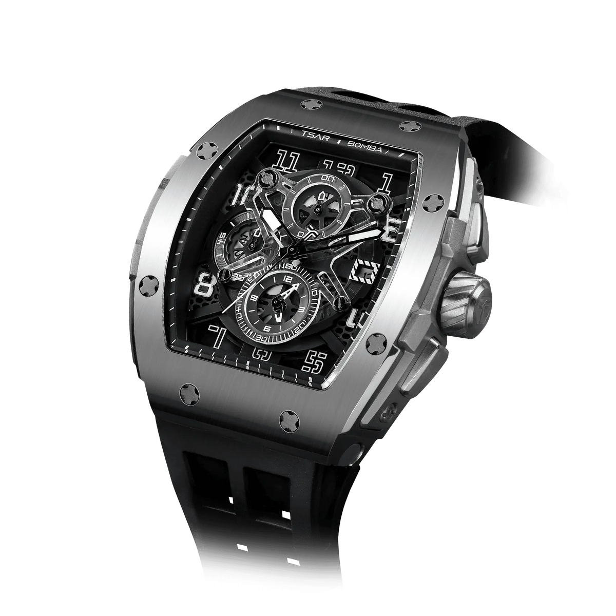 The TSAR BOMBA Elemental TB8211Q Stainless Steel Tonneau Chronograph Watch. Features a stainless steel case and a Seiko quartz movement. The multi-layered skeleton dial combines date display and chronograph functions. A 1/20th-second chronograph subdial is located at 12 o'clock, the date display at 3 o'clock, the hour/minute chronograph subdial at 6 o'clock, and the chronograph seconds subdial at 9 o'clock.-- Left three-quarter view