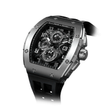 The TSAR BOMBA Elemental TB8211Q Stainless Steel Tonneau Chronograph Watch. Features a stainless steel case and a Seiko quartz movement. The multi-layered skeleton dial combines date display and chronograph functions. A 1/20th-second chronograph subdial is located at 12 o'clock, the date display at 3 o'clock, the hour/minute chronograph subdial at 6 o'clock, and the chronograph seconds subdial at 9 o'clock.-- Left three-quarter view
