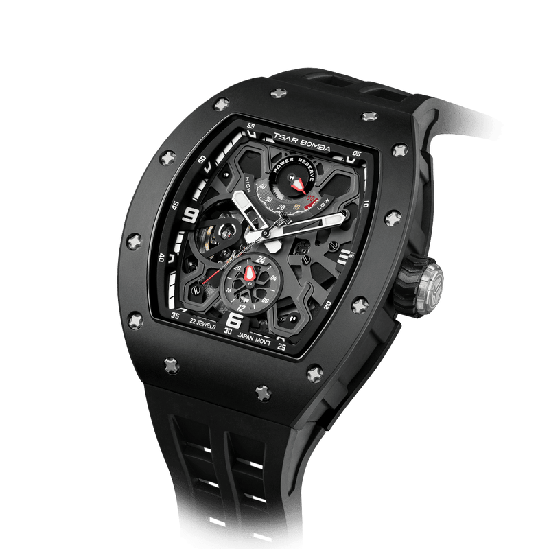 Montre Tsarbomba TB8212C, lunette en céramique noire, boîtier en céramique et bracelet noir ; mouvement automatique Miyota.