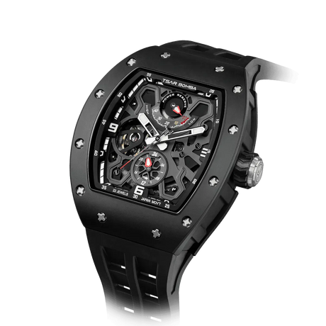 TSAR BOMBA Elemental TB8212 Skeleton Automatic Mechanical Watch. Powered by a Seiko Epson automatic movement, the full ceramic case is lightweight, skin-friendly.  It features Grade A luminescent coating, a scratch-resistant sapphire crystal, and a fluororubber strap. Water-resistant to 50 meters (5 ATM).