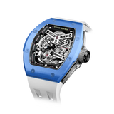 TSAR BOMBA Atomic TB8218C automatic skeleton tonneau men watch; ceramic bezel and stainless steel case and fluororubber strap; Features a ceramic bezel and an interchangeable fluoro-rubber strap. Utilizes TSAR BOMBA’s patented technology for interchangeable straps, bezels, and crowns. Quickly swap modules without tools—since your watch can change its style, why buy another one? Left three-quarter angle view-- Blue