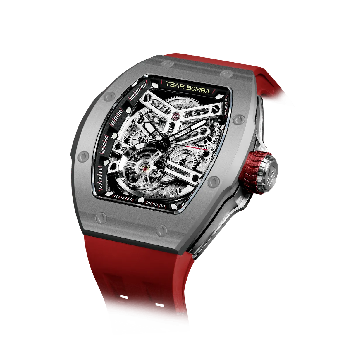 TSAR BOMBA Atomic TB8218C automatic skeleton tonneau men watch; ceramic bezel and stainless steel case and fluororubber strap; Features a ceramic bezel and an interchangeable fluoro-rubber strap. Utilizes TSAR BOMBA’s patented technology for interchangeable straps, bezels, and crowns. Quickly swap modules without tools—since your watch can change its style, why buy another one? Left three-quarter angle view-- Grey Red