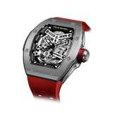 TSAR BOMBA Atomic TB8218C automatic skeleton tonneau men watch; ceramic bezel and stainless steel case and fluororubber strap; Features a ceramic bezel and an interchangeable fluoro-rubber strap. Utilizes TSAR BOMBA’s patented technology for interchangeable straps, bezels, and crowns. Quickly swap modules without tools—since your watch can change its style, why buy another one? Left three-quarter angle view-- Grey Red