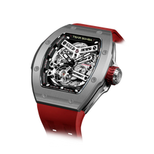 TSAR BOMBA Atomic TB8218C automatic skeleton tonneau men watch; ceramic bezel and stainless steel case and fluororubber strap; Features a ceramic bezel and an interchangeable fluoro-rubber strap. Utilizes TSAR BOMBA’s patented technology for interchangeable straps, bezels, and crowns. Quickly swap modules without tools—since your watch can change its style, why buy another one? Left three-quarter angle view-- Grey Red
