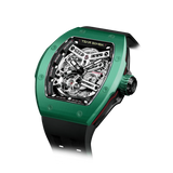 TSAR BOMBA Atomic TB8218C automatic skeleton tonneau men watch; ceramic bezel and stainless steel case and fluororubber strap; Features a ceramic bezel and an interchangeable fluoro-rubber strap. Utilizes TSAR BOMBA’s patented technology for interchangeable straps, bezels, and crowns. Quickly swap modules without tools—since your watch can change its style, why buy another one? Left three-quarter angle view-- Green