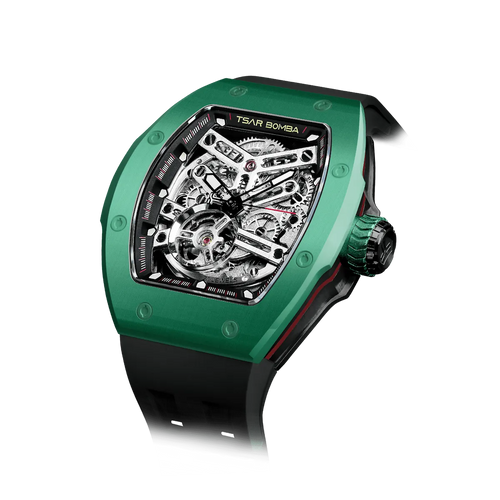 TSAR BOMBA Atomic TB8218C automatic skeleton tonneau men watch; ceramic bezel and stainless steel case and fluororubber strap; Features a ceramic bezel and an interchangeable fluoro-rubber strap. Utilizes TSAR BOMBA’s patented technology for interchangeable straps, bezels, and crowns. Quickly swap modules without tools—since your watch can change its style, why buy another one? Left three-quarter angle view-- Green