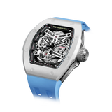 TSAR BOMBA Atomic TB8218C automatic skeleton tonneau men watch; ceramic bezel and stainless steel case and fluororubber strap; Features a ceramic bezel and an interchangeable fluoro-rubber strap. Utilizes TSAR BOMBA’s patented technology for interchangeable straps, bezels, and crowns. Quickly swap modules without tools—since your watch can change its style, why buy another one? Left three-quarter angle view-- White Blue