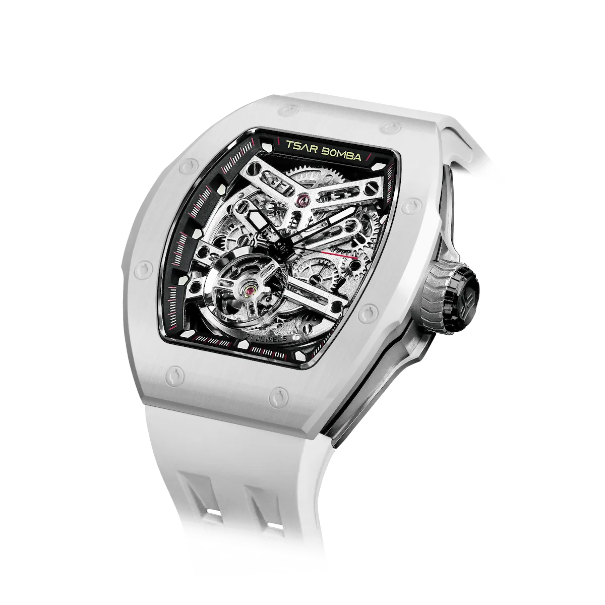 TSAR BOMBA Atomic TB8218C automatic skeleton tonneau men watch; ceramic bezel and stainless steel case and fluororubber strap; Features a ceramic bezel and an interchangeable fluoro-rubber strap. Utilizes TSAR BOMBA’s patented technology for interchangeable straps, bezels, and crowns. Quickly swap modules without tools—since your watch can change its style, why buy another one? Left three-quarter angle view-- white