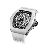 TSAR BOMBA Atomic TB8218C automatic skeleton tonneau men watch; ceramic bezel and stainless steel case and fluororubber strap; Features a ceramic bezel and an interchangeable fluoro-rubber strap. Utilizes TSAR BOMBA’s patented technology for interchangeable straps, bezels, and crowns. Quickly swap modules without tools—since your watch can change its style, why buy another one? Left three-quarter angle view-- white