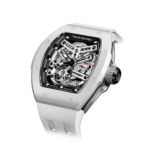 TSAR BOMBA Atomic TB8218C automatic skeleton tonneau men watch; ceramic bezel and stainless steel case and fluororubber strap; Features a ceramic bezel and an interchangeable fluoro-rubber strap. Utilizes TSAR BOMBA’s patented technology for interchangeable straps, bezels, and crowns. Quickly swap modules without tools—since your watch can change its style, why buy another one? Left three-quarter angle view-- white