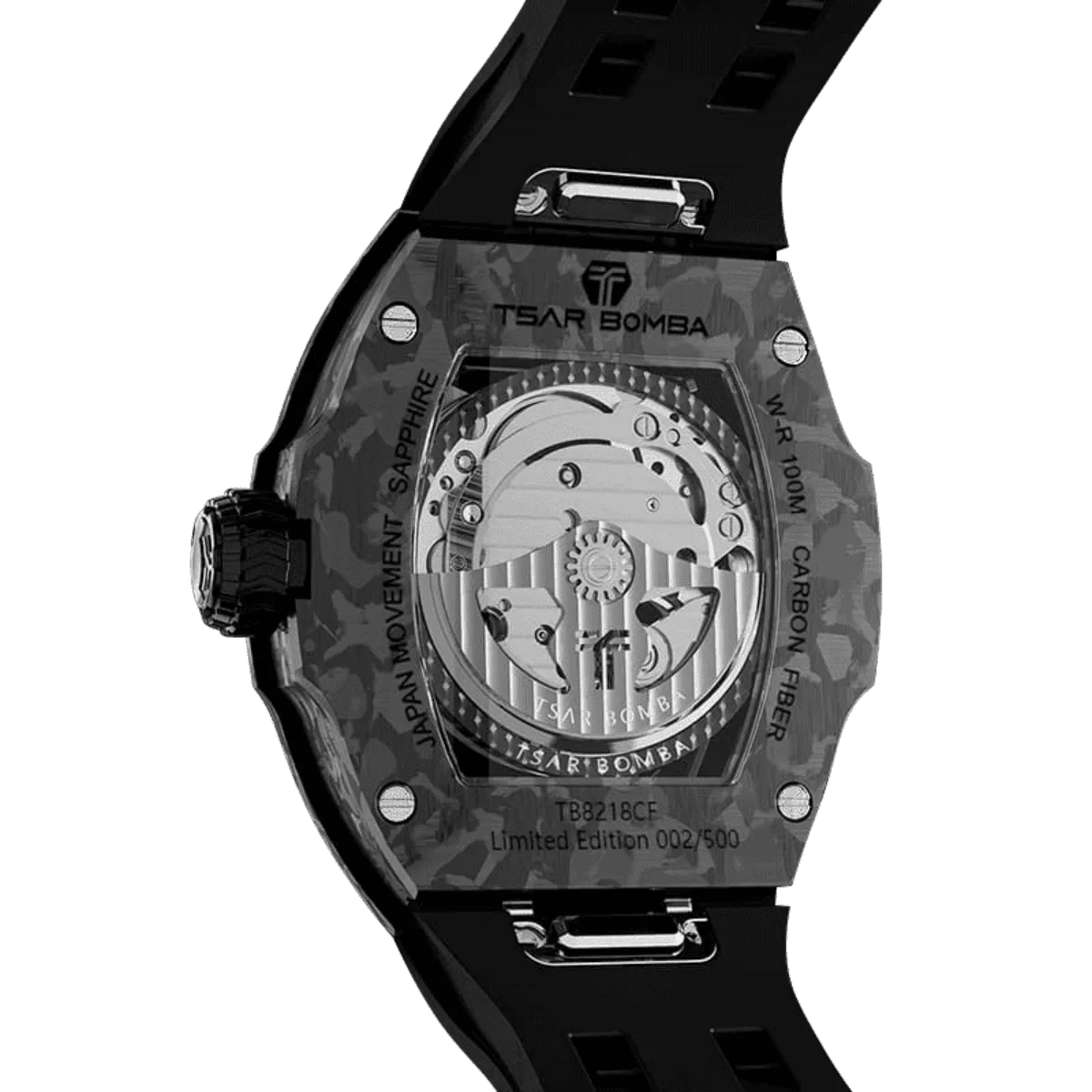 TSAR BOMBA Atomic TB8218CF; automatic skeleton carbon fiber men interchangeable watch carbon fiber set. Set inclues 1 automatic core and 2 fluororubber and 3 carbon fiber bezel an d 5 strap and 5crown. The TB8218CF(5-IN-1) Fractures carbon fiber bezel and case.TSAR BOMBA’s patented technology for interchangeable straps, bezels, and crowns. Quickly swap modules without tools—since your watch can change its style, why buy another one?--rear view