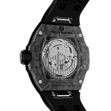 TSAR BOMBA Atomic TB8218CF; automatic skeleton carbon fiber men interchangeable watch carbon fiber set. Set inclues 1 automatic core and 2 fluororubber and 3 carbon fiber bezel an d 5 strap and 5crown. The TB8218CF(5-IN-1) Fractures carbon fiber bezel and case.TSAR BOMBA’s patented technology for interchangeable straps, bezels, and crowns. Quickly swap modules without tools—since your watch can change its style, why buy another one?--rear view