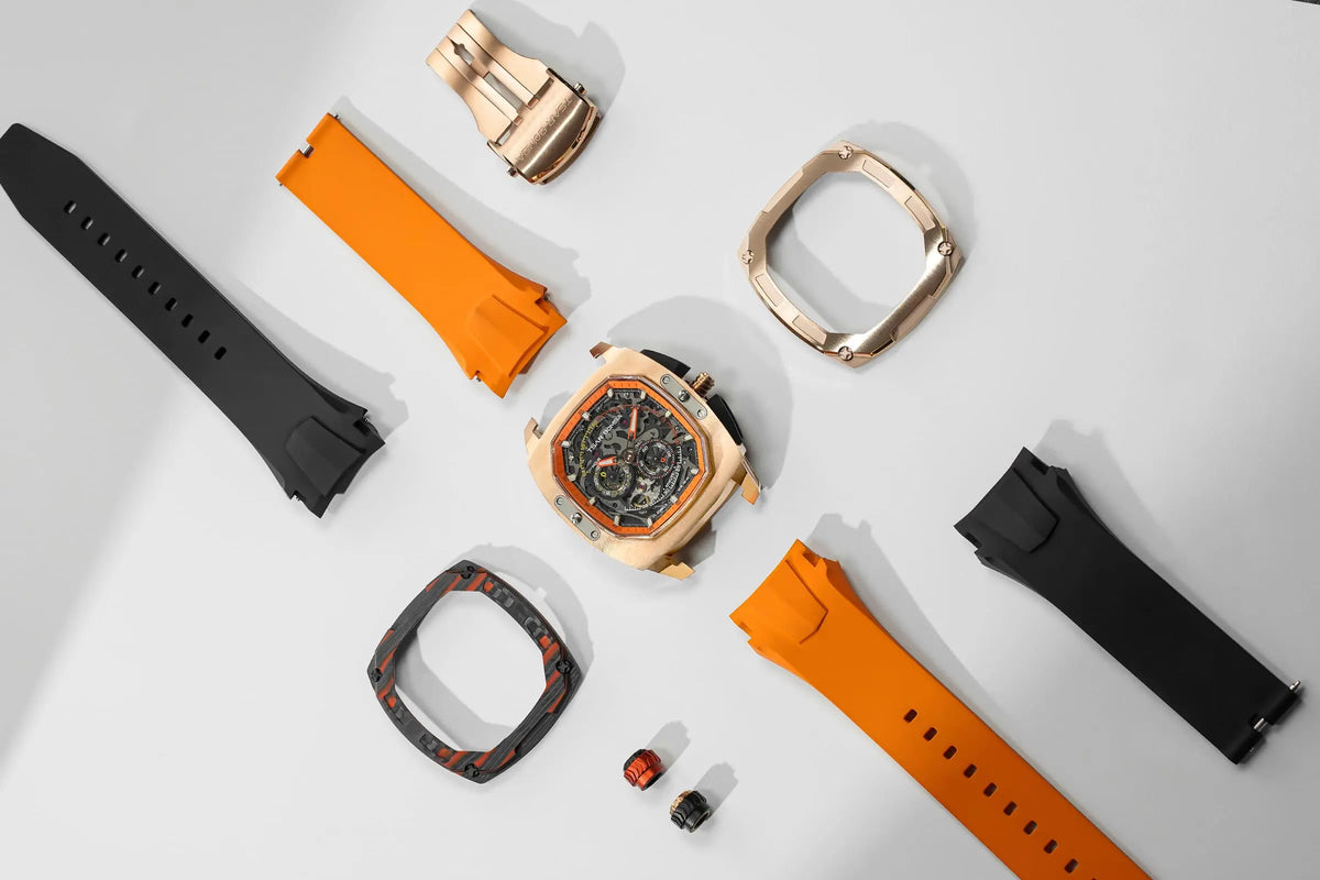 TSAR BOMBA Dark Matter 1 Square Men’s Watch Set, which includes:2 strap and 2 bezels. Featuring TSAR BOMBA’s patented interchangeable technology. You can quickly swap out bezels and strap without tools. Instead of buying multiple watches, why not own one that can transform into various styles? The skeleton dial design offers a direct view of the movement, allowing you to appreciate the charm of precision mechanics in action. -Interchangeable module function demonstration