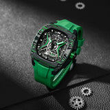 Featuring a stainless steel case and carbon fiber bezel, it is powered by a Citizen MIYOTA automatic movement, with the dial combining a 24-hour display and power reserve indicator. The Dark Matter 5 features Grade A luminescent coating, scratch-resistant sapphire crystal, and a interchangeable fluororubber strap. Water-resistant to 50 meters (50 ATM).--Scene display