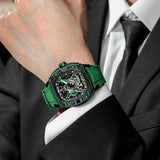 Featuring a stainless steel case and carbon fiber bezel, it is powered by a Citizen MIYOTA automatic movement, with the dial combining a 24-hour display and power reserve indicator. The Dark Matter 5 features Grade A luminescent coating, scratch-resistant sapphire crystal, and a interchangeable fluororubber strap. Water-resistant to 50 meters (50 ATM).--Model wearing display