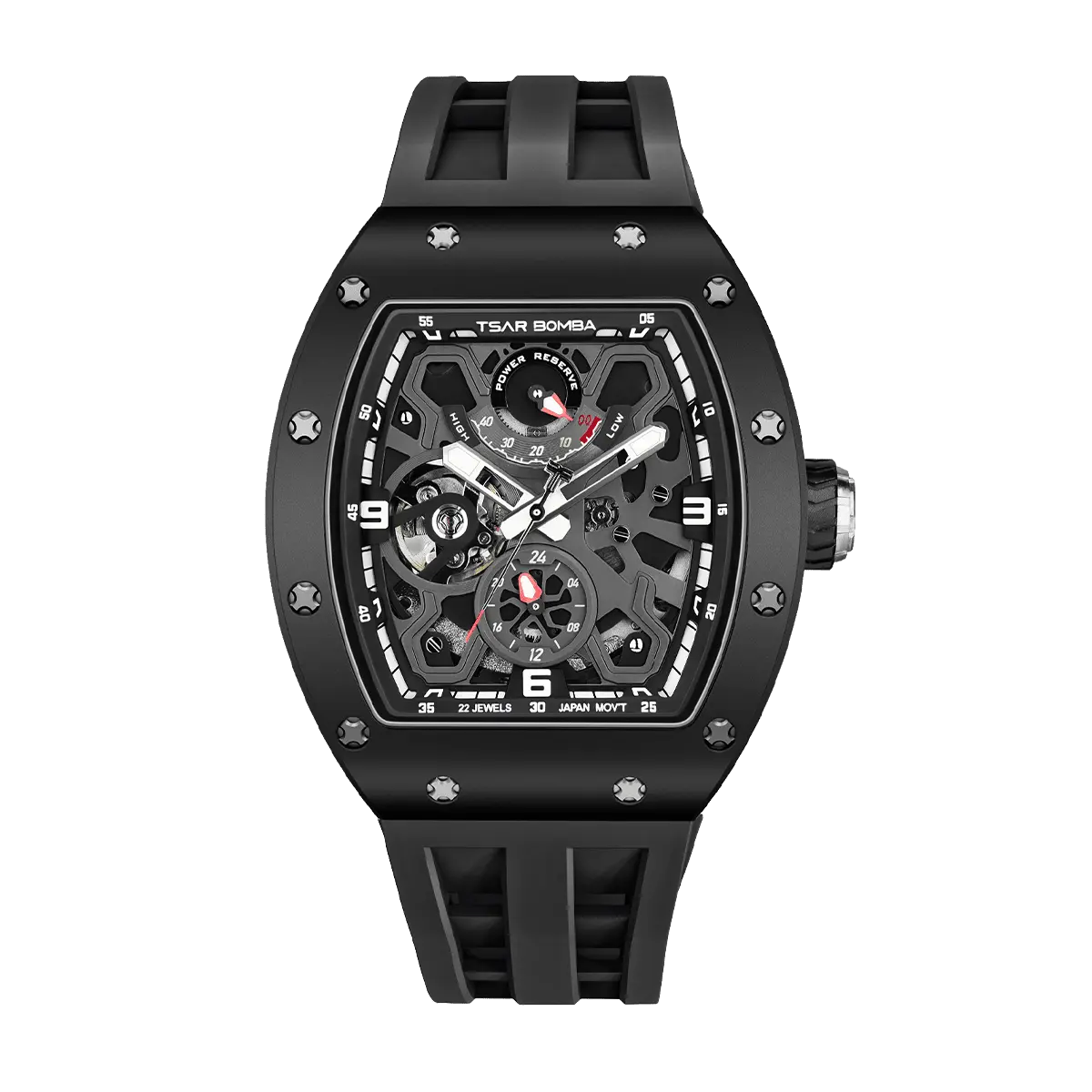 TSAR BOMBA Elemental TB8212 Skeleton Automatic Mechanical Watch. Powered by a Seiko Epson automatic movement, the full ceramic case is lightweight, skin-friendly.  It features Grade A luminescent coating, a scratch-resistant sapphire crystal, and a fluororubber strap. Water-resistant to 50 meters (5 ATM).--front view