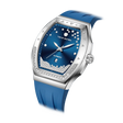 The TSAR BOMBA Lumina is a diamond-set luxury automatic ladies' watch. The dial and bezel are set with 79 lab-grown diamonds totaling 0.66 carats. The watch is powered by a Japanese automatic movement. It features TSAR BOMBA's patented interchangeable strap function, an A-grade luminous coating, a scratch-resistant sapphire crystal, and a comfortable, interchangeable fluoroelastomer strap. It is water-resistant to 50 meters (5 ATM).-blue-Left three-quarter view