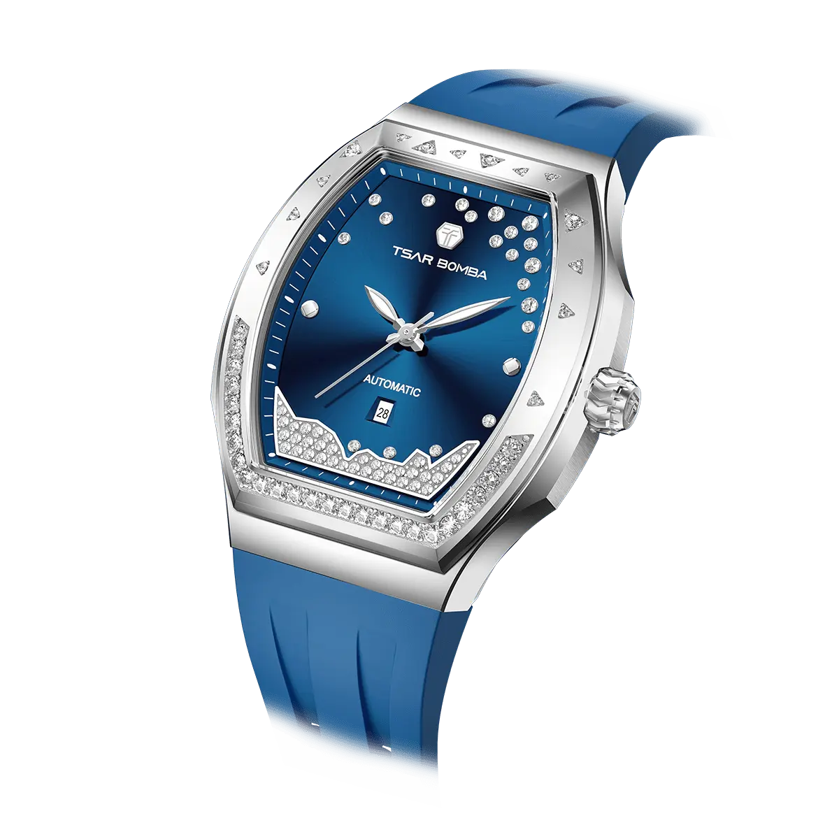 The TSAR BOMBA Lumina is a diamond-set luxury automatic ladies' watch. The dial and bezel are set with 79 lab-grown diamonds totaling 0.66 carats. The watch is powered by a Japanese automatic movement. It features TSAR BOMBA's patented interchangeable strap function, an A-grade luminous coating, a scratch-resistant sapphire crystal, and a comfortable, interchangeable fluoroelastomer strap. It is water-resistant to 50 meters (5 ATM).-blue-Left three-quarter view