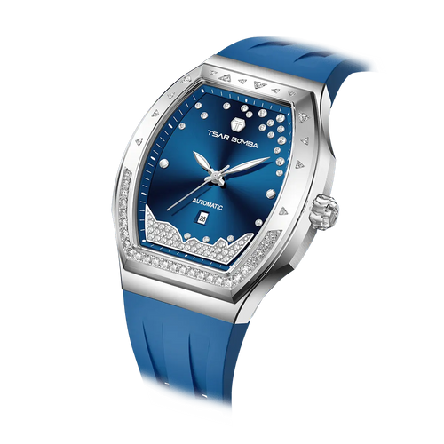 The TSAR BOMBA Lumina is a diamond-set luxury automatic ladies' watch. The dial and bezel are set with 79 lab-grown diamonds totaling 0.66 carats. The watch is powered by a Japanese automatic movement. It features TSAR BOMBA's patented interchangeable strap function, an A-grade luminous coating, a scratch-resistant sapphire crystal, and a comfortable, interchangeable fluoroelastomer strap. It is water-resistant to 50 meters (5 ATM).-blue-Left three-quarter view