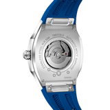 The TSAR BOMBA Lumina is a diamond-set luxury automatic ladies' watch. The dial and bezel are set with 79 lab-grown diamonds totaling 0.66 carats. The watch is powered by a Japanese automatic movement. It features TSAR BOMBA's patented interchangeable strap function, an A-grade luminous coating, a scratch-resistant sapphire crystal, and a comfortable, interchangeable fluoroelastomer strap. It is water-resistant to 50 meters (5 ATM).-blue-rear view