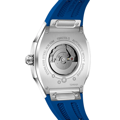 The TSAR BOMBA Lumina is a diamond-set luxury automatic ladies' watch. The dial and bezel are set with 79 lab-grown diamonds totaling 0.66 carats. The watch is powered by a Japanese automatic movement. It features TSAR BOMBA's patented interchangeable strap function, an A-grade luminous coating, a scratch-resistant sapphire crystal, and a comfortable, interchangeable fluoroelastomer strap. It is water-resistant to 50 meters (5 ATM).-blue-rear view