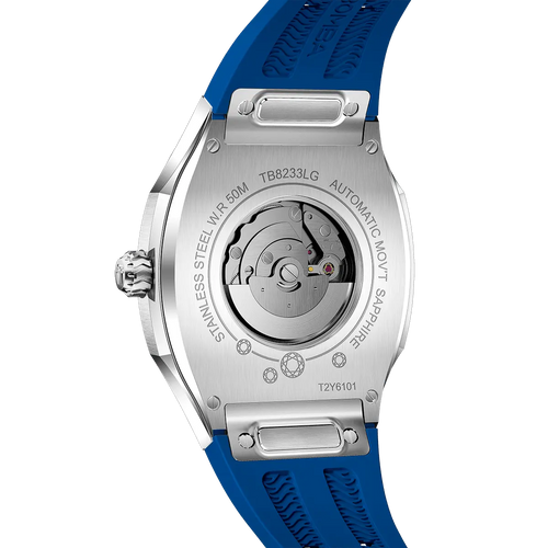 The TSAR BOMBA Lumina is a diamond-set luxury automatic ladies' watch. The dial and bezel are set with 79 lab-grown diamonds totaling 0.66 carats. The watch is powered by a Japanese automatic movement. It features TSAR BOMBA's patented interchangeable strap function, an A-grade luminous coating, a scratch-resistant sapphire crystal, and a comfortable, interchangeable fluoroelastomer strap. It is water-resistant to 50 meters (5 ATM).-blue-rear view