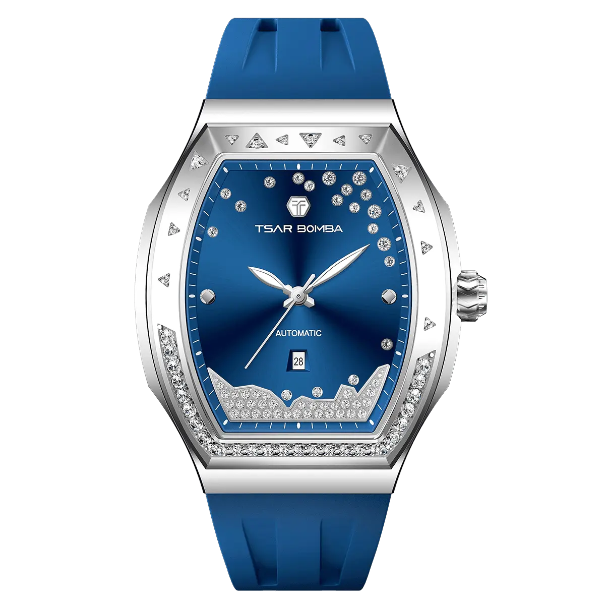 The TSAR BOMBA Lumina is a diamond-set luxury automatic ladies' watch. The dial and bezel are set with 79 lab-grown diamonds totaling 0.66 carats. The watch is powered by a Japanese automatic movement. It features TSAR BOMBA's patented interchangeable strap function, an A-grade luminous coating, a scratch-resistant sapphire crystal, and a comfortable, interchangeable fluoroelastomer strap. It is water-resistant to 50 meters (5 ATM).-blue-front view