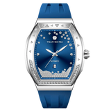 The TSAR BOMBA Lumina is a diamond-set luxury automatic ladies' watch. The dial and bezel are set with 79 lab-grown diamonds totaling 0.66 carats. The watch is powered by a Japanese automatic movement. It features TSAR BOMBA's patented interchangeable strap function, an A-grade luminous coating, a scratch-resistant sapphire crystal, and a comfortable, interchangeable fluoroelastomer strap. It is water-resistant to 50 meters (5 ATM).-blue-front view