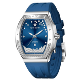 The TSAR BOMBA Lumina is a diamond-set luxury automatic ladies' watch. The dial and bezel are set with 79 lab-grown diamonds totaling 0.66 carats. The watch is powered by a Japanese automatic movement. It features TSAR BOMBA's patented interchangeable strap function, an A-grade luminous coating, a scratch-resistant sapphire crystal, and a comfortable, interchangeable fluoroelastomer strap. It is water-resistant to 50 meters (5 ATM).-blue-