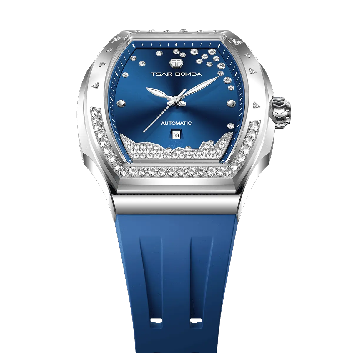 The TSAR BOMBA Lumina is a diamond-set luxury automatic ladies' watch. The dial and bezel are set with 79 lab-grown diamonds totaling 0.66 carats. The watch is powered by a Japanese automatic movement. It features TSAR BOMBA's patented interchangeable strap function, an A-grade luminous coating, a scratch-resistant sapphire crystal, and a comfortable, interchangeable fluoroelastomer strap. It is water-resistant to 50 meters (5 ATM).-blue-tow view
